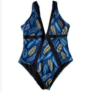 Swimall one piece blue feather print one piece swimsuit size XL